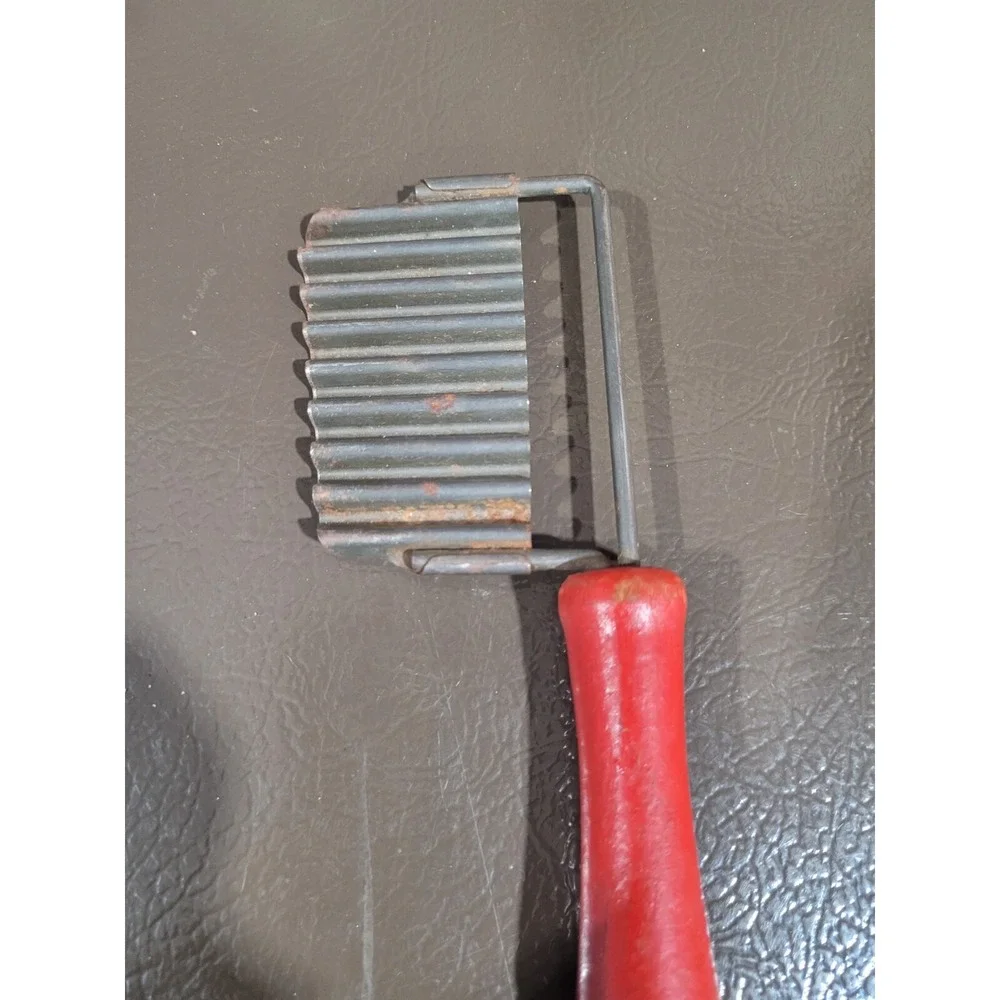 Vintage  Wavy Metal Cheese Slicer with wood Red  Handle